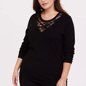 Torrid Black Sweater-Knit & Lace Front Crisscross Top